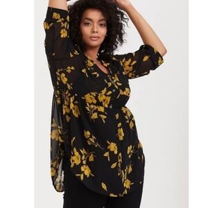 Torrid Floral Button Front Chiffon Blouse Roll Tab Sleeve Pockets Black White 4